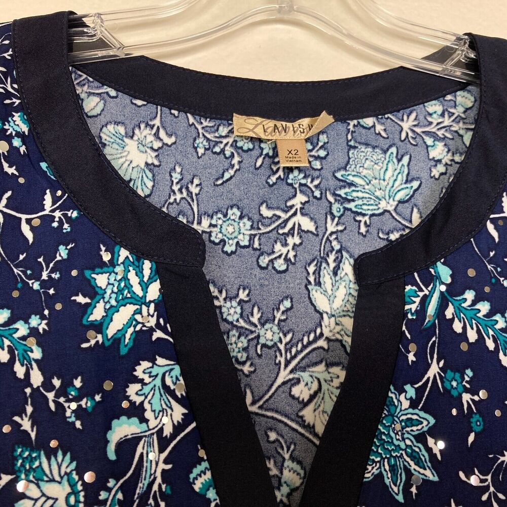 Lavish V-Neck Blouse Size 2X Blue Teal Floral Stretch Sparkly Mirror Dots - Picture 2 of 4